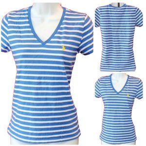Ralph Lauren Sport Women's V-Neck Blue White Stripes Short Sleeve Shirt Size Med
